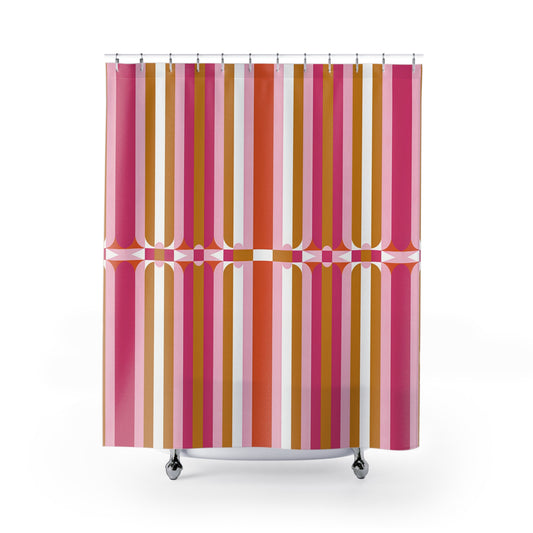Retro Pink Orange Stripe Shower Curtain | Mid-Century Geometric Bath
