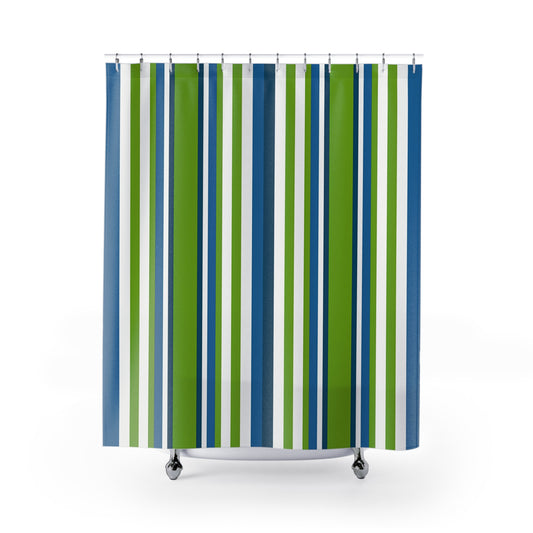 Blue Green Vertical Stripes Shower Curtain | Nautical Modern Bathroom