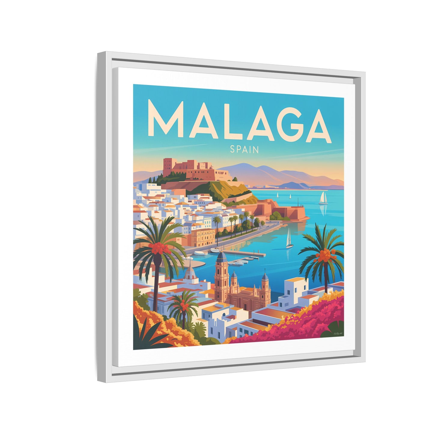 Malaga Spain Coastal  Matte Canvas Framed Wall Art| Vintage Style Travel Art