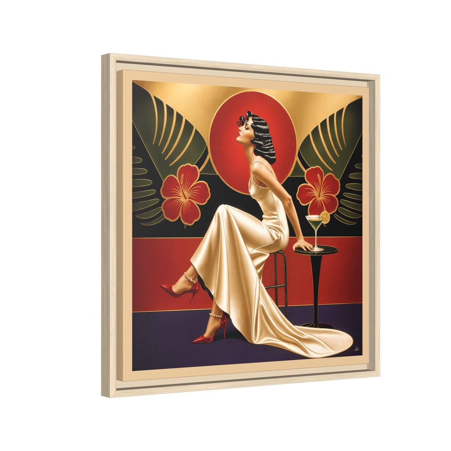Art Deco Lady Red Green Beige Tropical Canvas Framed Wall Art | Matte Print