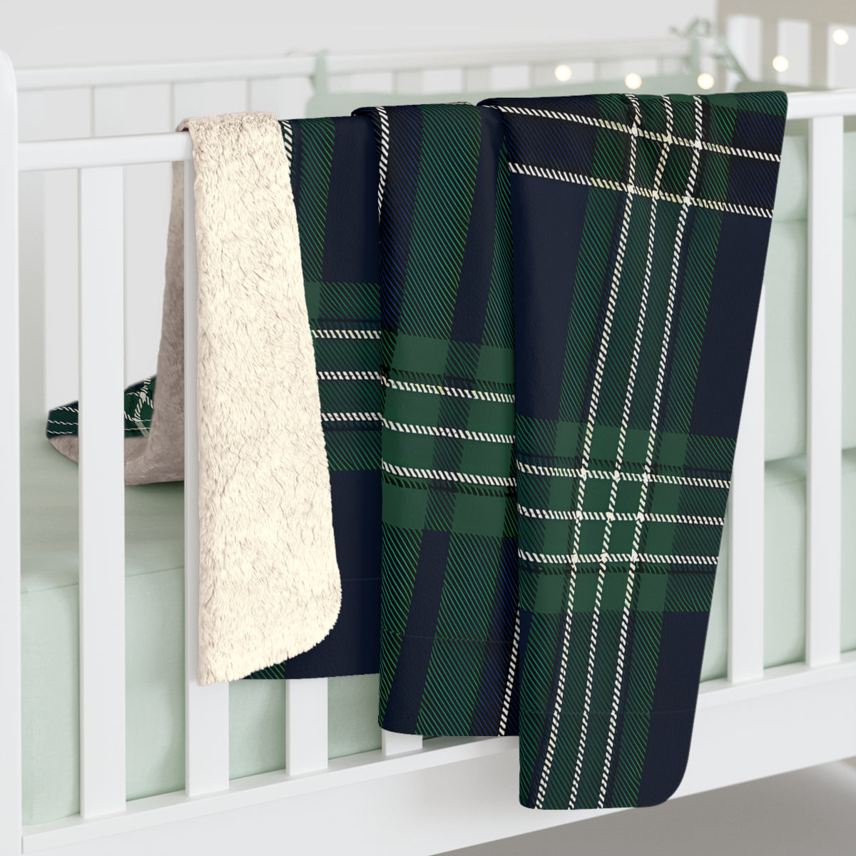 Green Navy Tartan Plaid Blanket | Sherpa Fleece Reversible