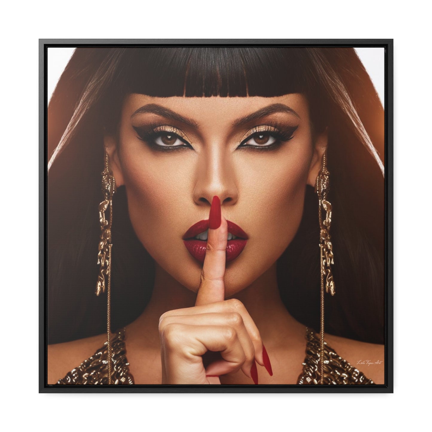 Square Frame Canvas Wall Art - Fine Art Photography of Egyptian Woman, Red Lips, Glamorous Decor, Fashionista, Be Quiet Sign, Gallery Canvas - LOLA VEGAS ART