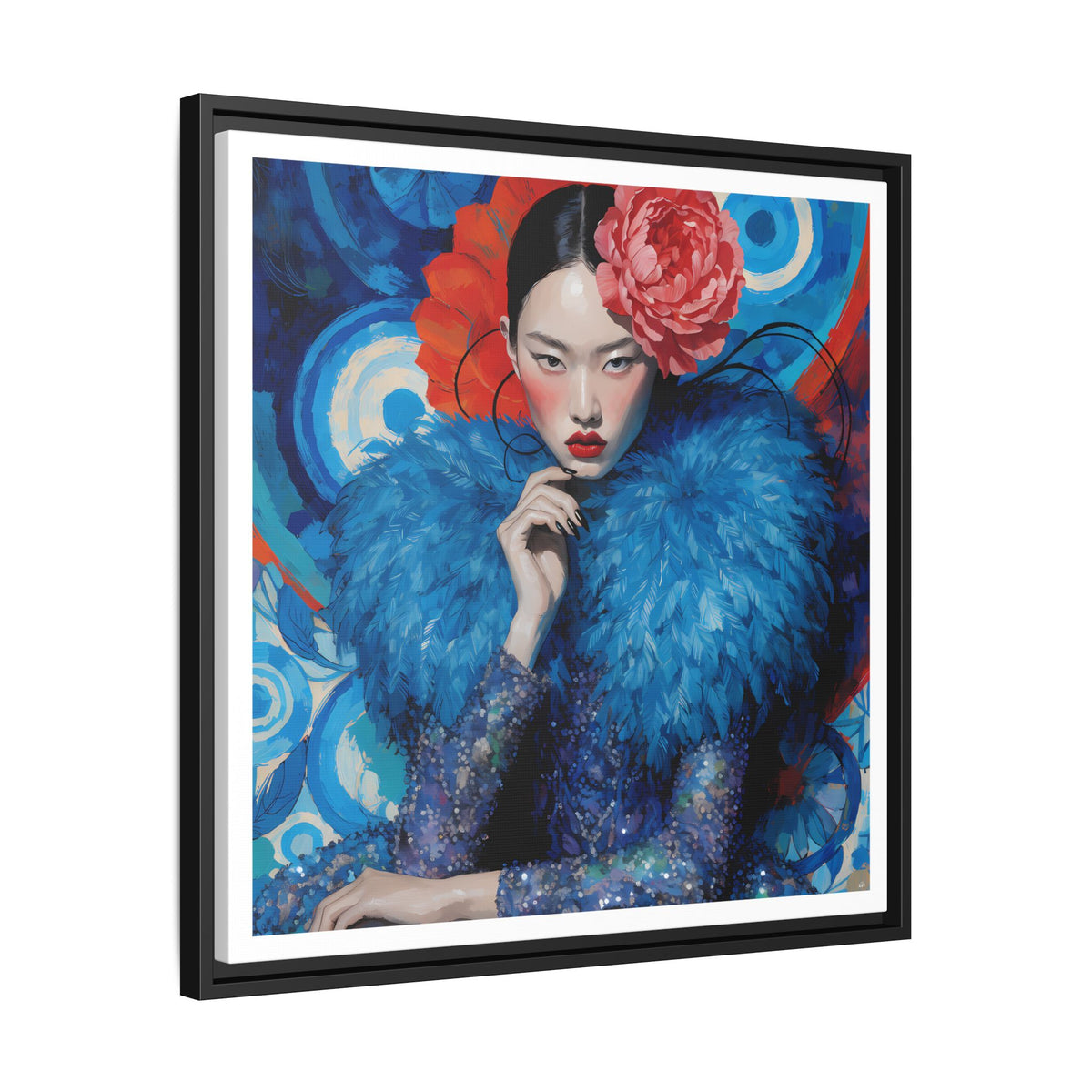 Floral-Femme Asian Woman Portrait Matte Canvas Framed Wall Art | Colorful Fashion Illustration
