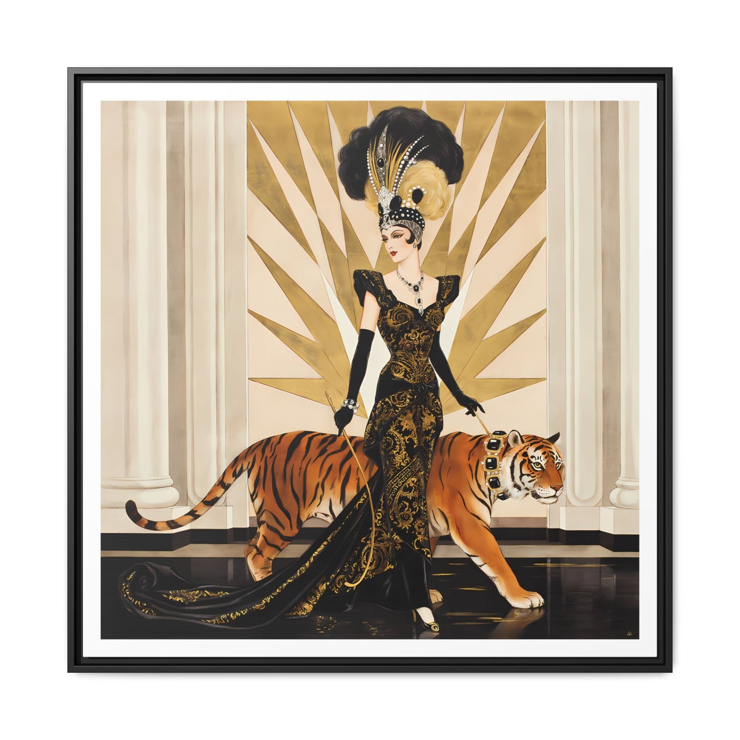 Art Deco Showgirl with Tiger Matte Canvas Framed Print