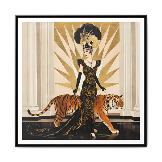 Art Deco Showgirl with Tiger Matte Canvas Framed Print