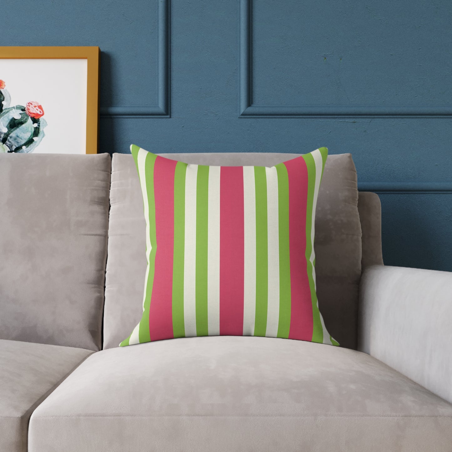 Watermelon Pink Green Vertical Stripe Pillow | Square Poly Canvas Pillow