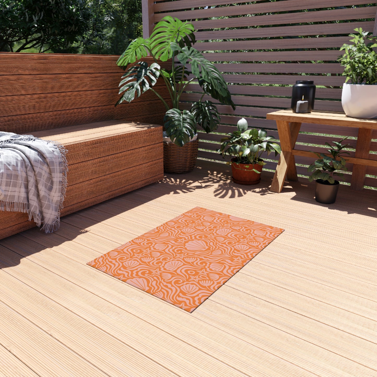 Orange-Light Orange Seashell Pattern Outdoor/Indoor Rug | Coastal Patio Mat