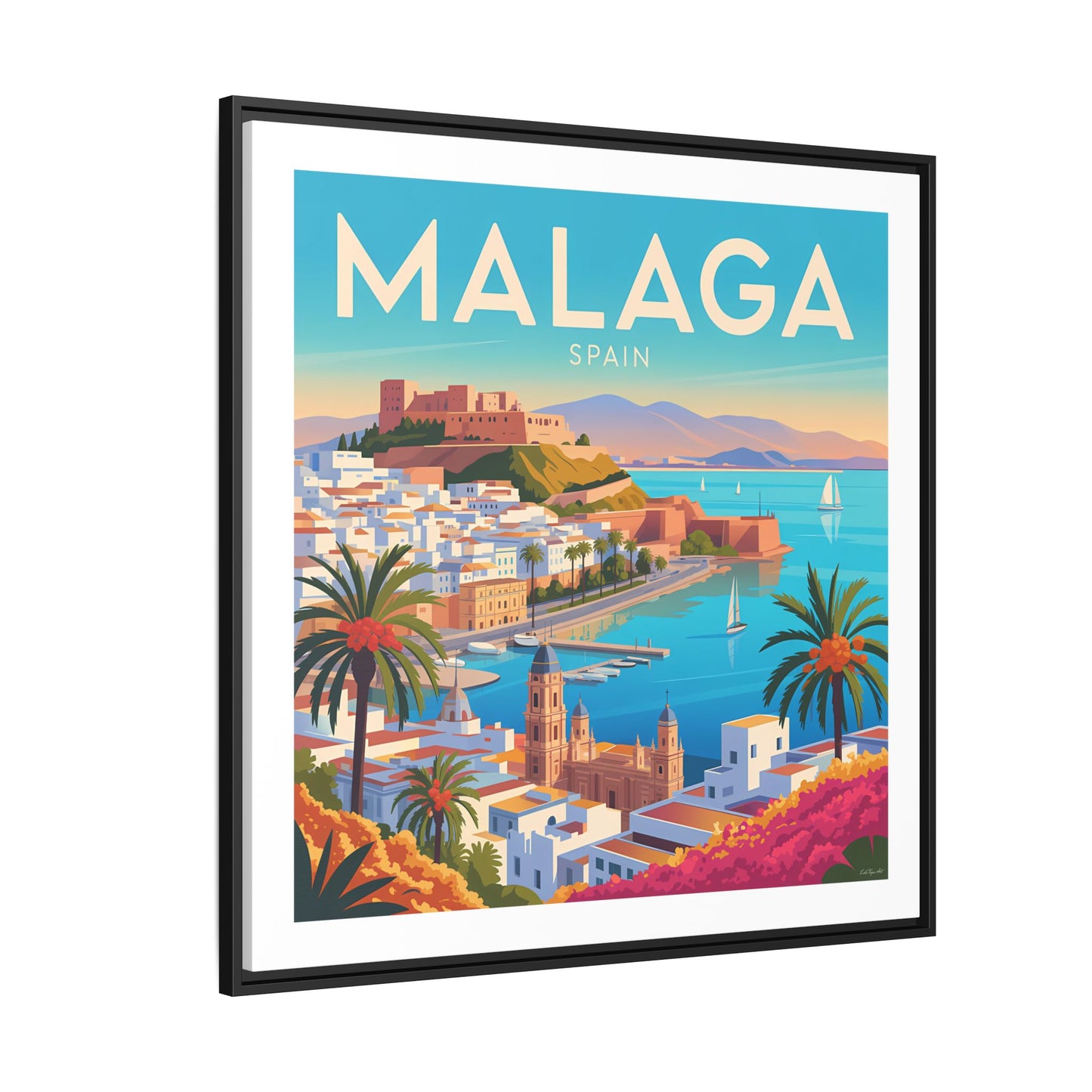Malaga Spain Coastal  Matte Canvas Framed Wall Art| Vintage Style Travel Art