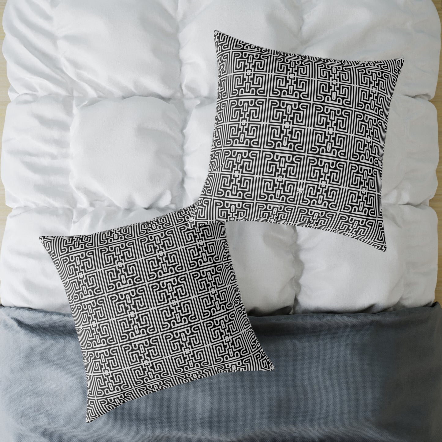 Geometric Black White Greek Key Pattern Square Pillow | Poly Canvas Pillow