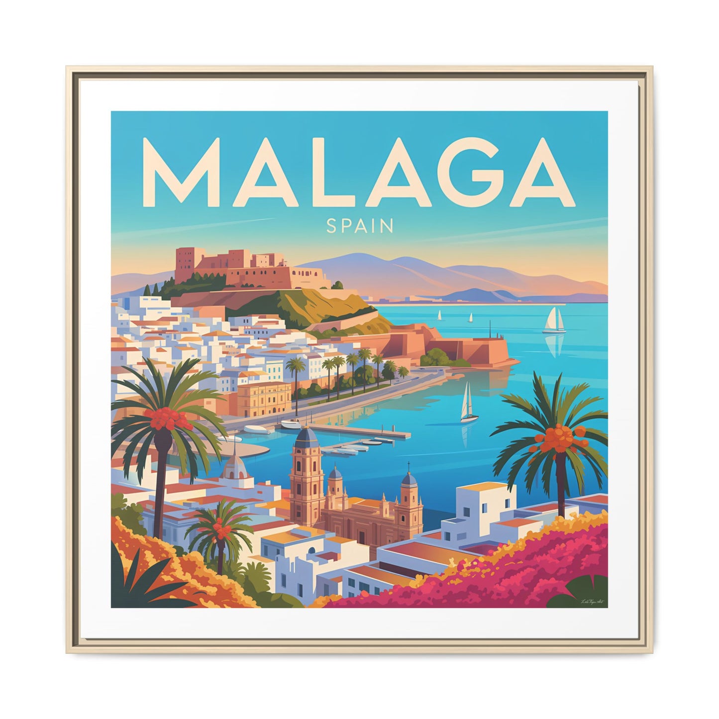 Malaga Spain Coastal  Matte Canvas Framed Wall Art| Vintage Style Travel Art