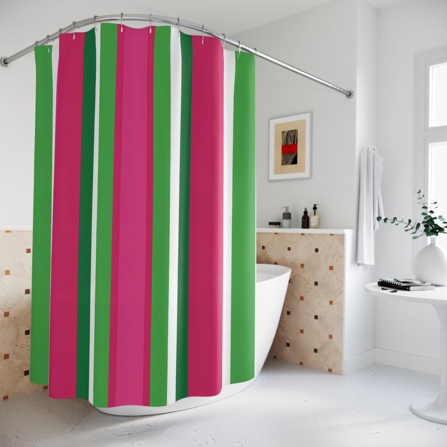 Pink and Green Vertical Stripes Shower Curtain | Bold Stripe Bathroom Decor