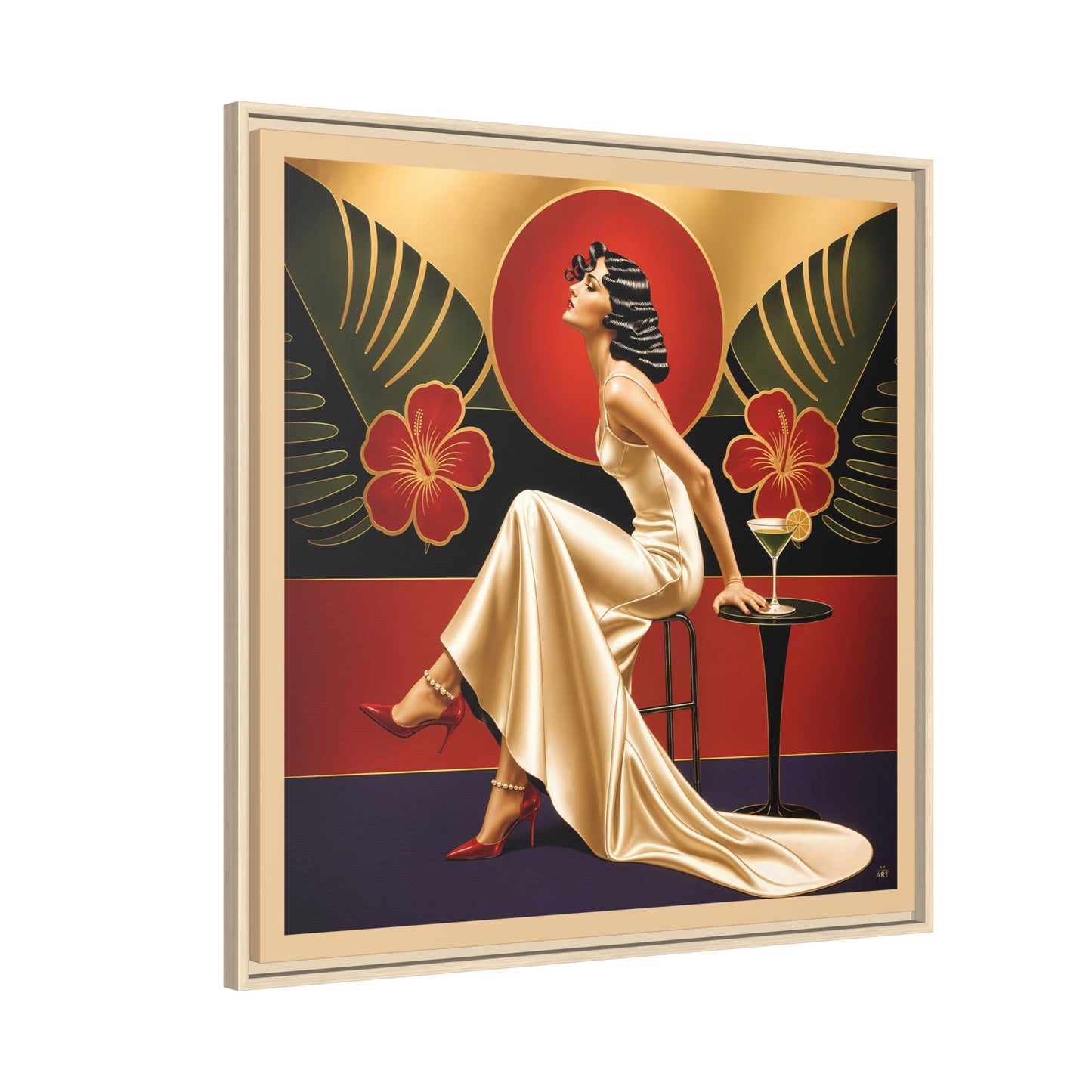 Art Deco Lady Red Green Beige Tropical Canvas Framed Wall Art | Matte Print