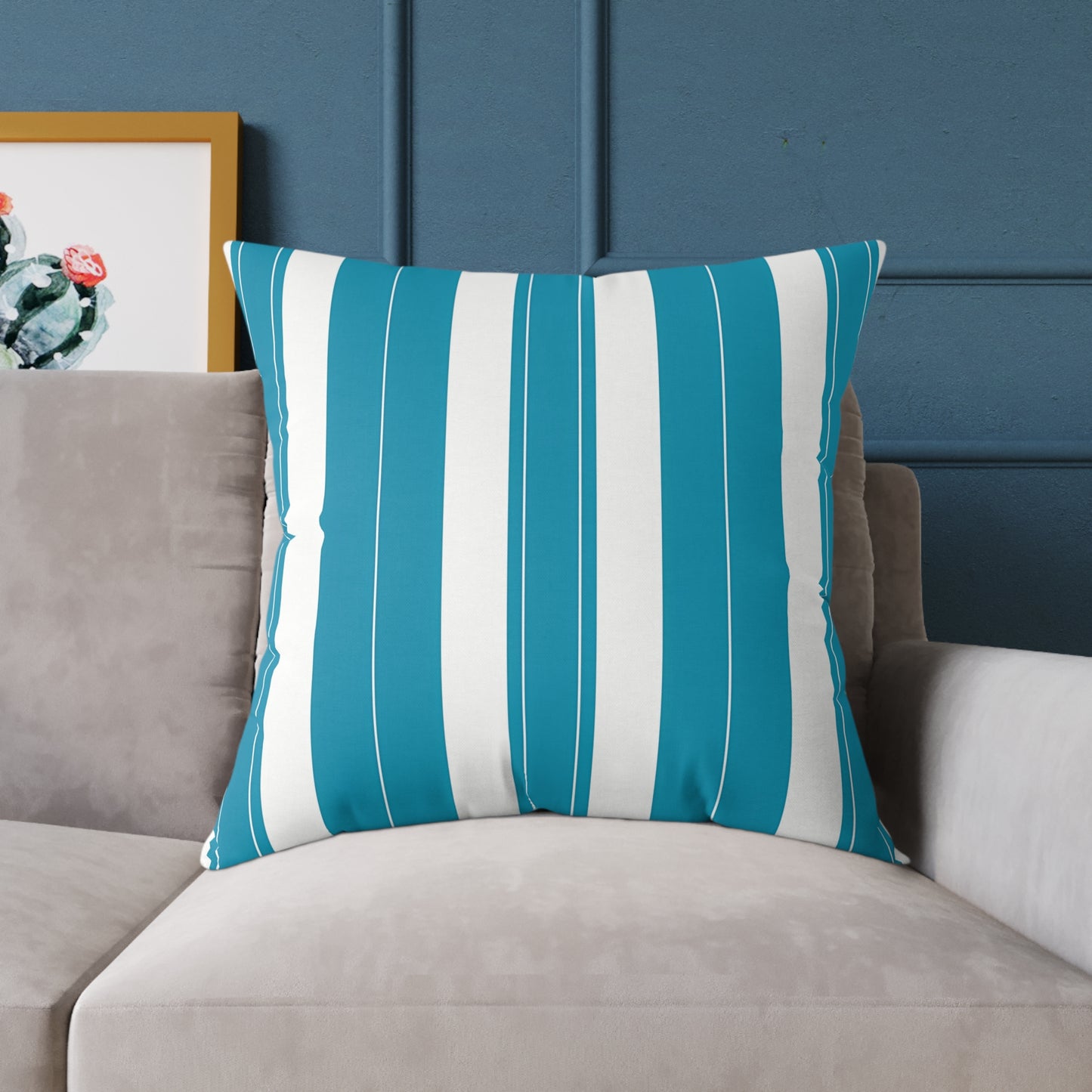 Teal and White Vertical Stripe Square Pillow | Poly Canvas Throw Pillow