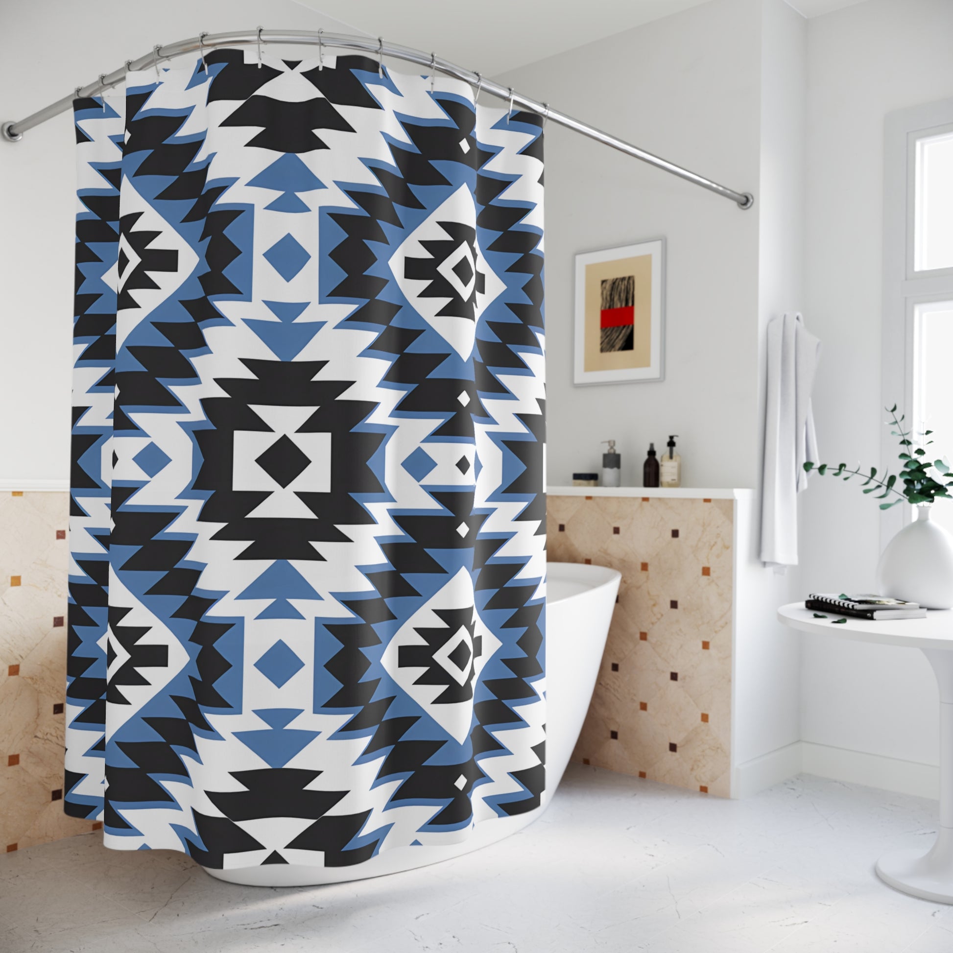 Geometric Pattern Shower Curtain, Boho Bathroom Decor, Modern Tribal Design, Blue and Black, Eco-Friendly Fabric - LOLA VEGAS ART