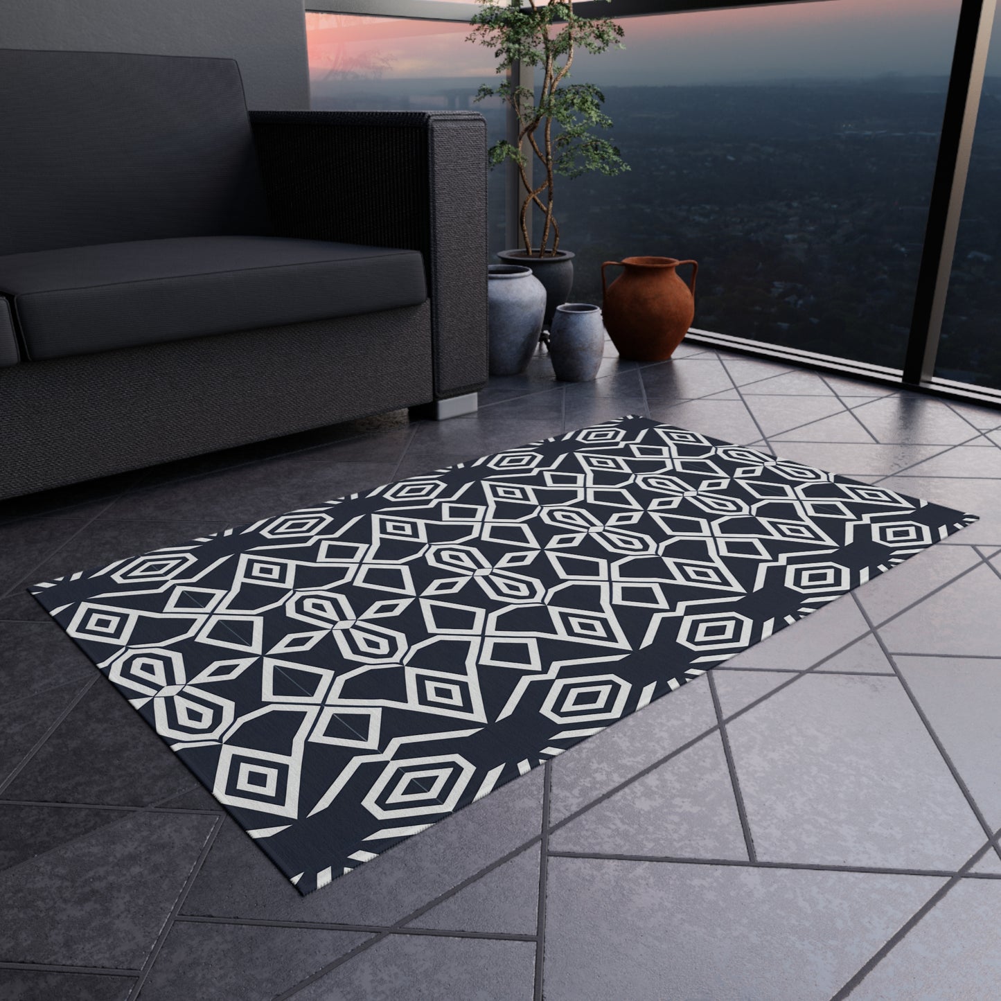 Geometric Diamond Pattern Outdoor/Indoor Rug | Navy White Tribal Design