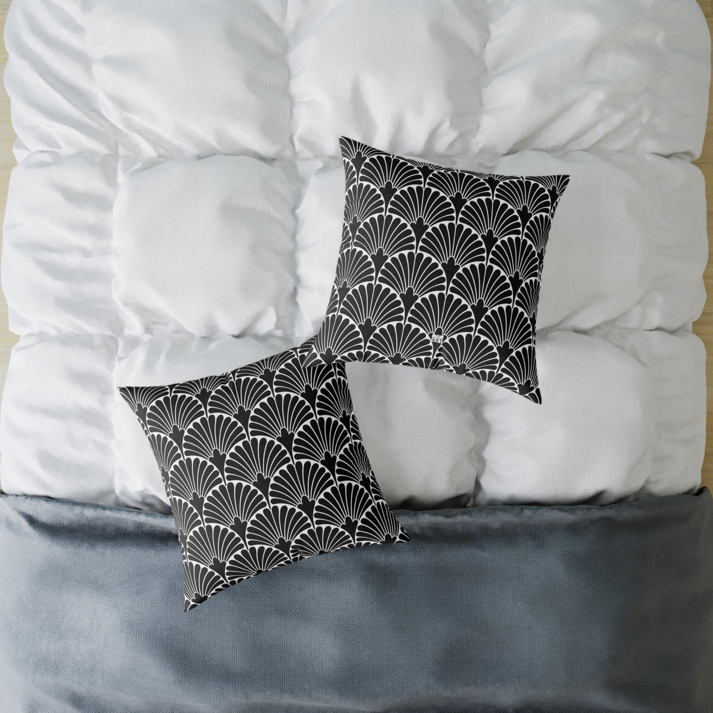 Art Deco Fan Pattern Square Pillow | Black White Geometric Throw Pillow