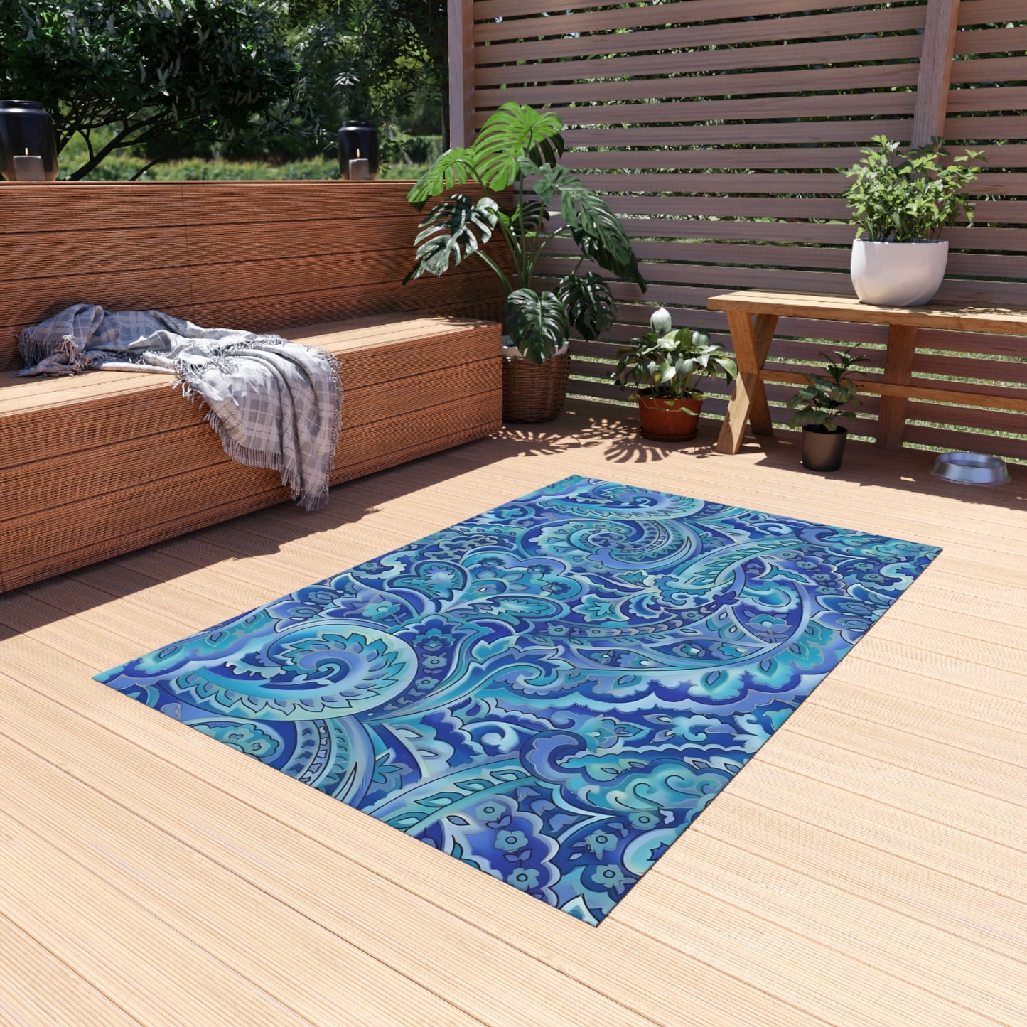 Blue Paisley Pattern Outdoor/Indoor Rug | Waterproof Patio Mat