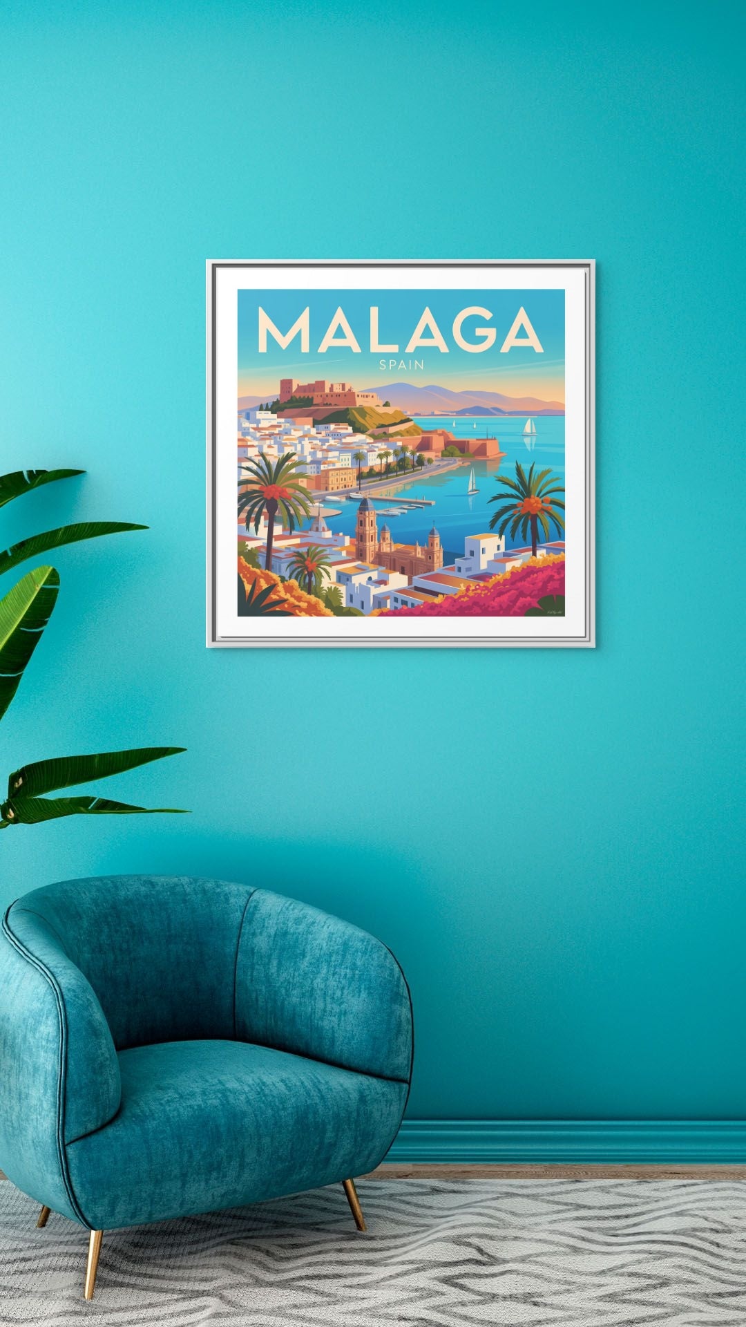 Malaga Spain Coastal  Matte Canvas Framed Wall Art| Vintage Style Travel Art