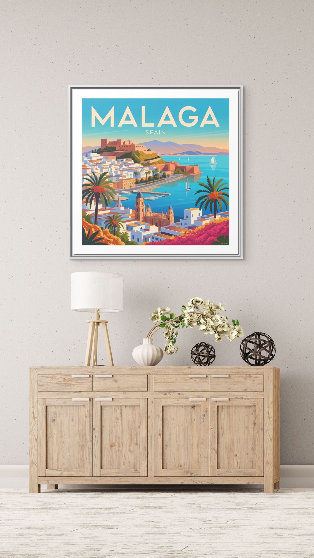 Malaga Spain Coastal  Matte Canvas Framed Wall Art| Vintage Style Travel Art