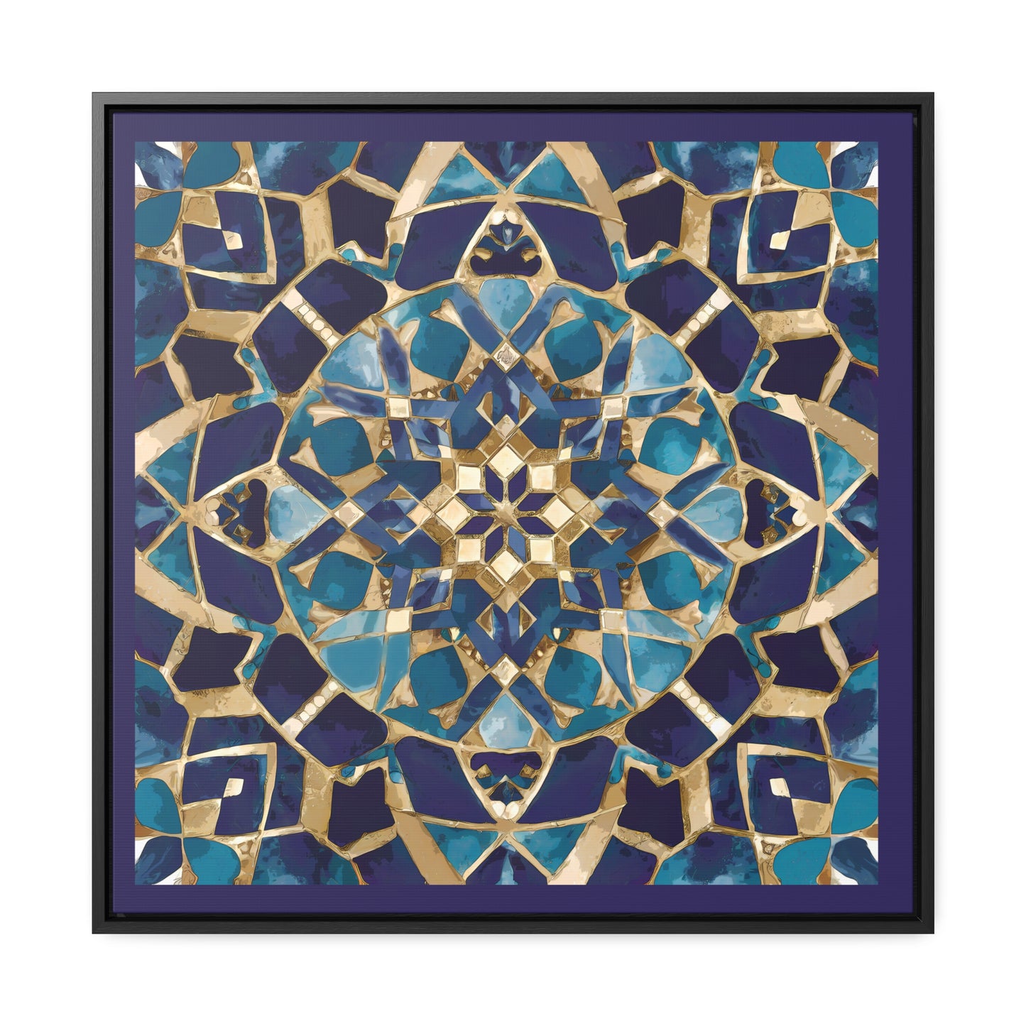 Moroccan Mosaic Canvas Wrap, Ethnic Square Frame Wall Art Painting - Blue and Tan Boho Home Decor, Gallery Artwork, Framed Picture, Living