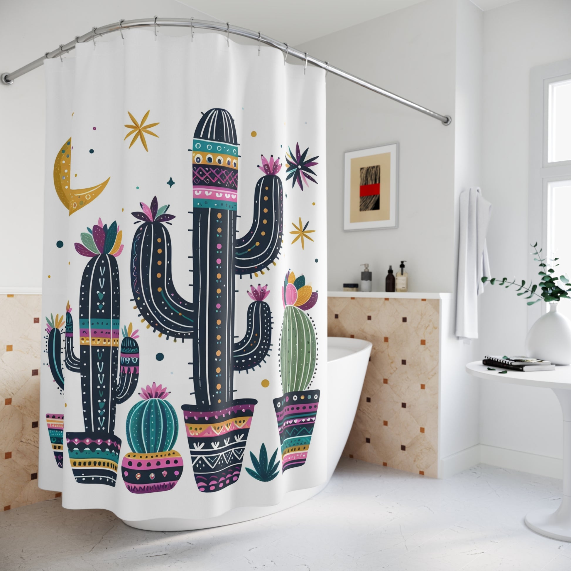 Bohemian Cactus Shower Curtain | Vibrant Bathroom Decor | Southwestern Vibe | Plant Lovers Gift | Dreamy Home Accessory, Bathroom Curtain, - LOLA VEGAS ART