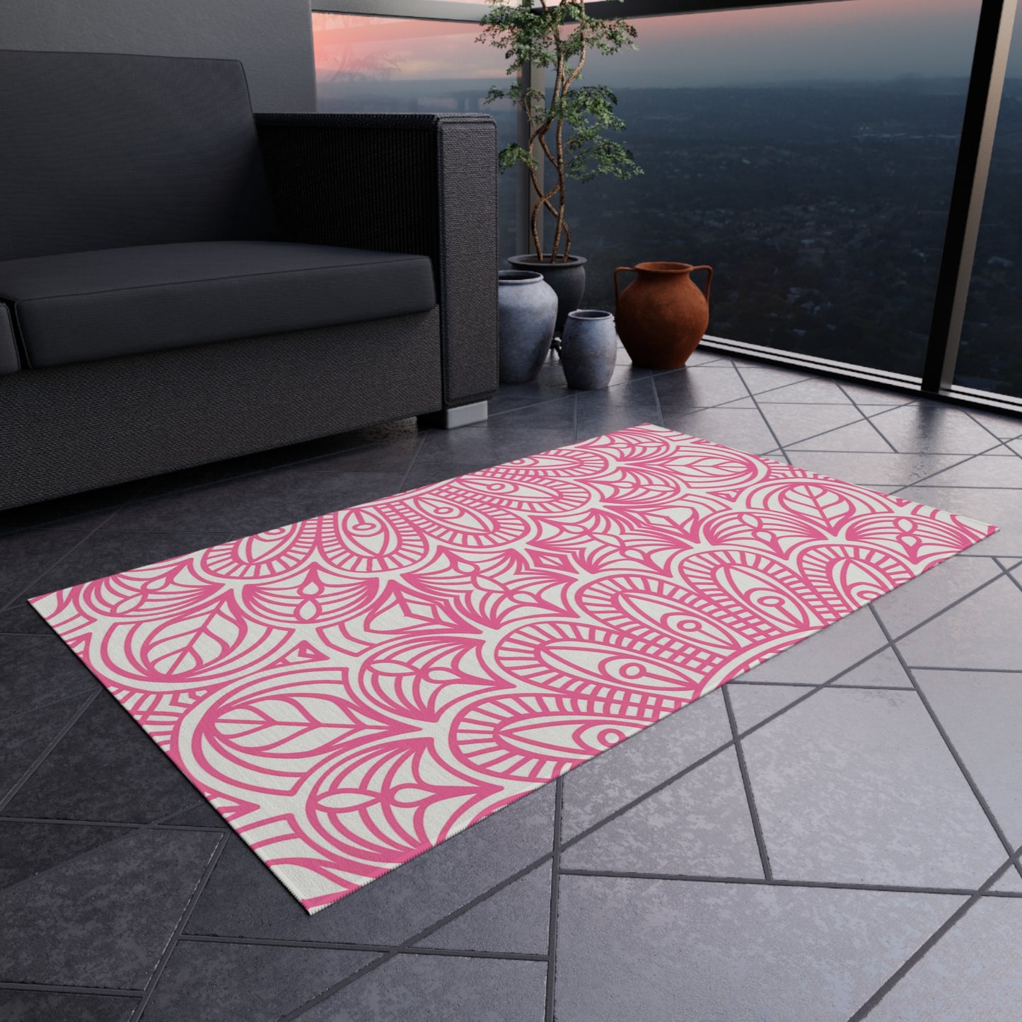 Pink Mandala Pattern Outdoor/Indoor Rug | Floral Patio Mat