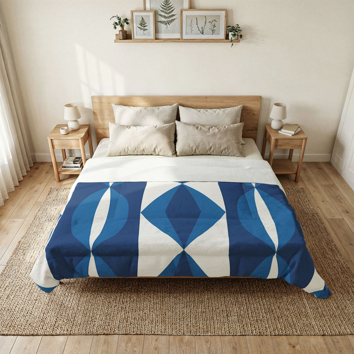 Blue Geometric Diamond Pattern Cotton Comforter | Modern Ikat Bedding
