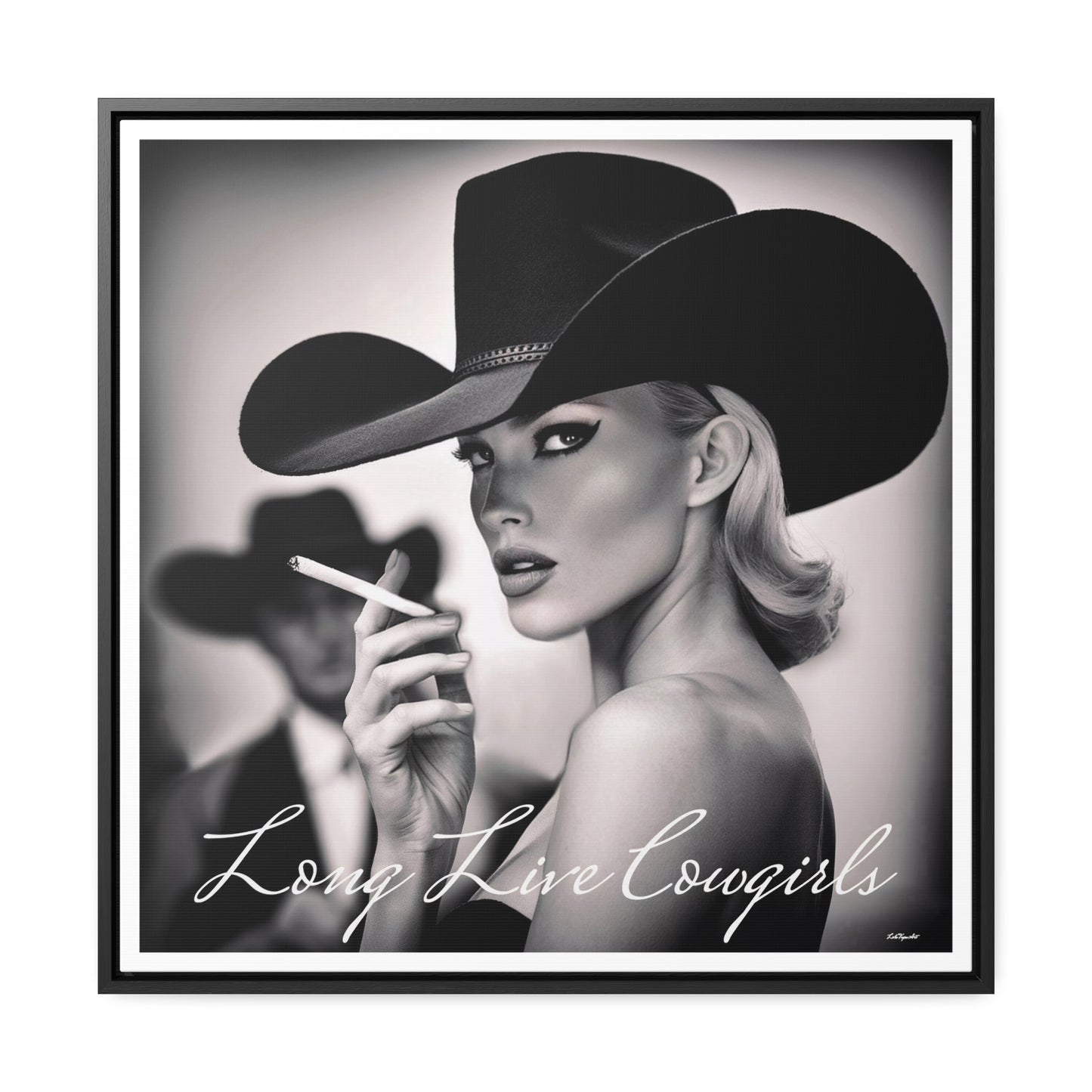 Square Frame Wall Art, Fashion Photography, Cowgirl Decor, Gallery Canvas Wraps, Glam Girl Gift, Black and White Photo Print