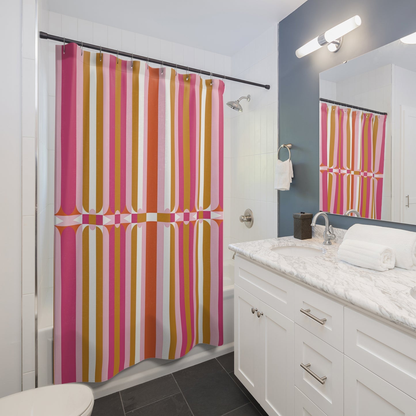 Retro Pink Orange Stripe Shower Curtain | Mid-Century Geometric Bath