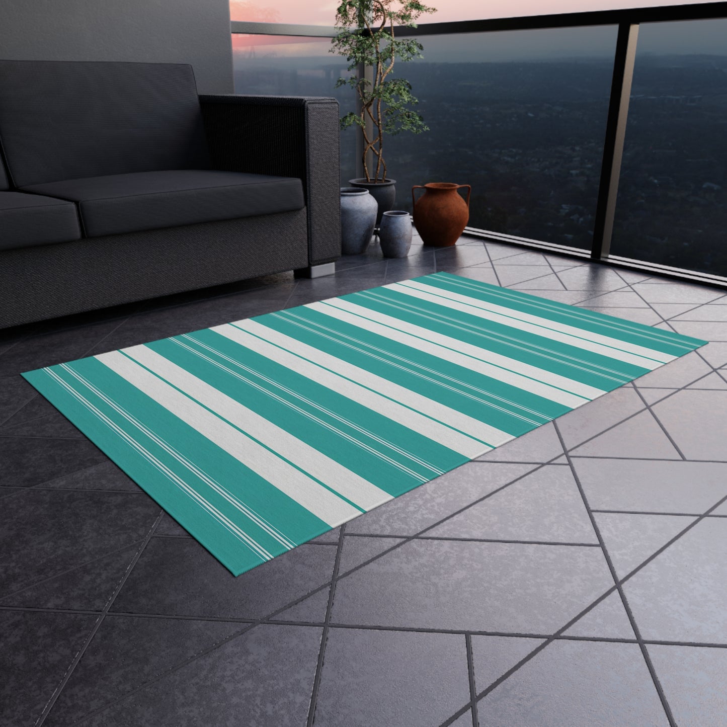 Teal White Stripe Outdoor/Indoor Rug | Patio Deck Mat
