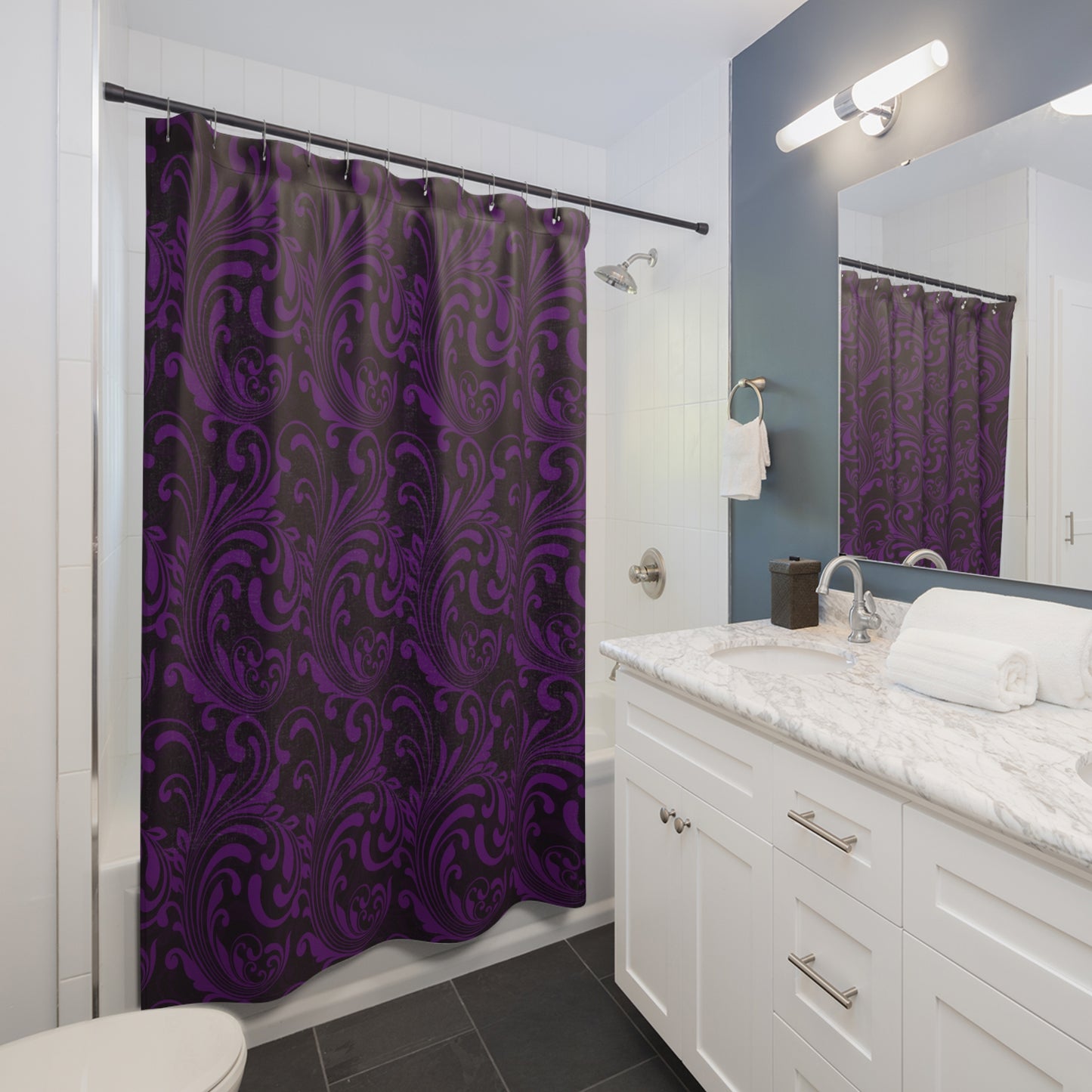 Black and Purple Baroque Pattern Shower Curtain | Elegant, Beautiful Bathroom Decor, Bath Accessory