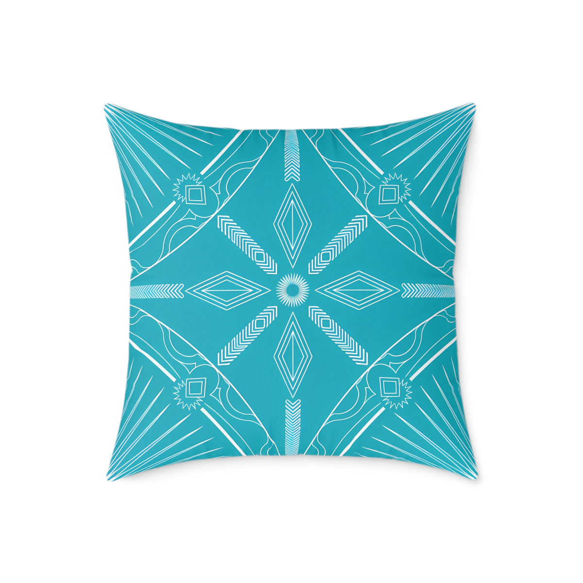 Turquoise White Geometric Mandala Square Pillow | Turquoise Decorative Cushion