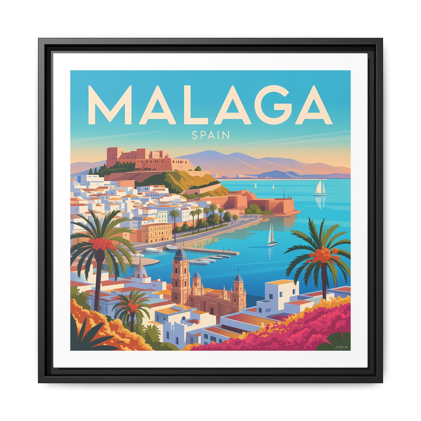 Malaga Spain Coastal  Matte Canvas Framed Wall Art| Vintage Style Travel Art