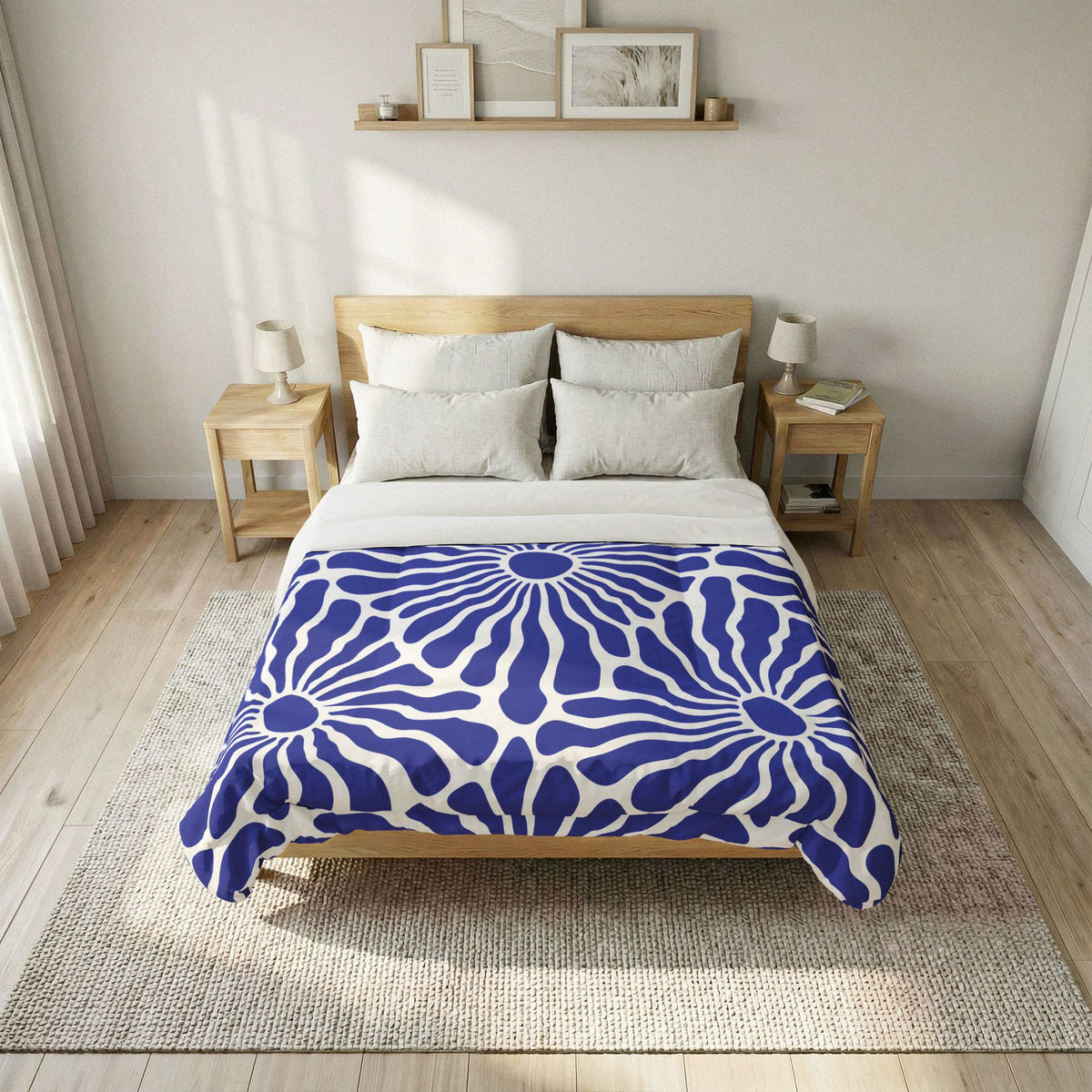 Blue Floral Burst Comforter | Duvet Cover, Navy Sunflower Pattern