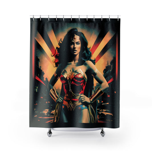 Wonder Woman Shower Curtain, Female Empowerment Comic Book Retro Art Bathroom Accessories, Superhero Bath Decor, Geeky Home Decor, Unique