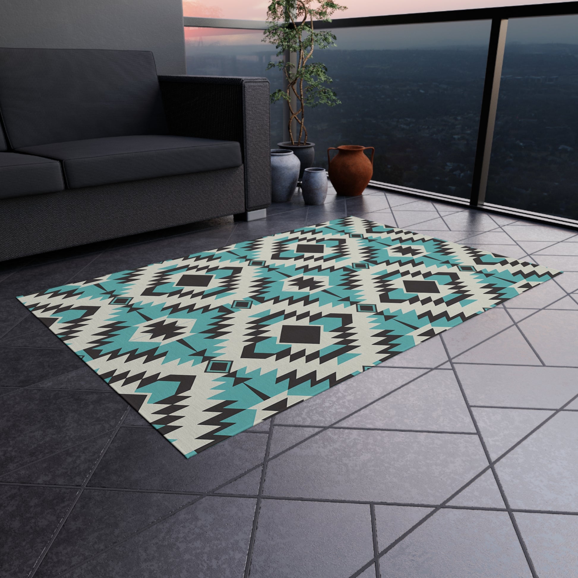 Turquoise, Black and White Stylish Outdoor Rug for Patios, Boho Decor, Area Mat, Deck Accessory, Indoor/Outdoor Use - LOLA VEGAS ART