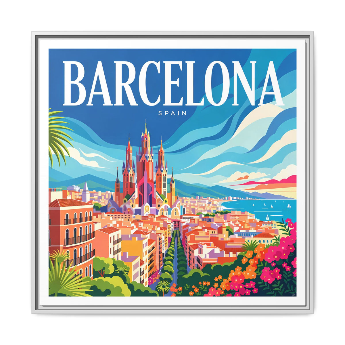 Barcelona Skyline Canvas Framed | Matte Wall Art