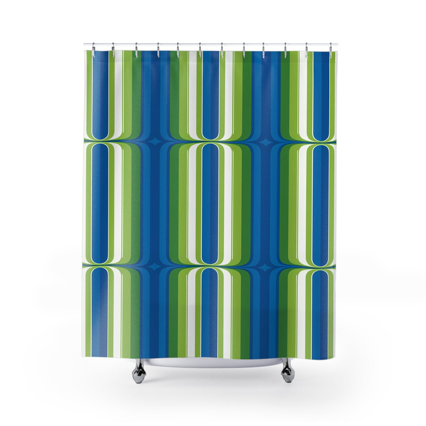 Retro Blue Green Geometric Shower Curtain | 70s Stripe Pattern