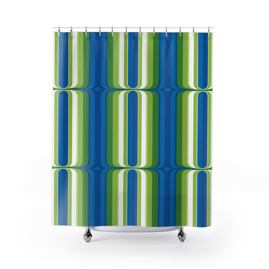 Retro Blue Green Geometric Shower Curtain | 70s Stripe Pattern