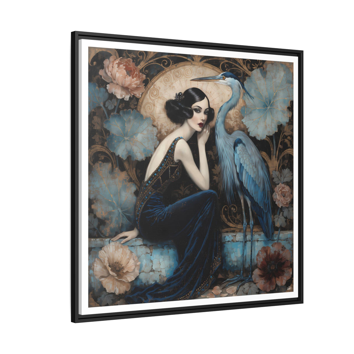 Art Deco Lady with Blue Heron Framed Canvas Wall Art