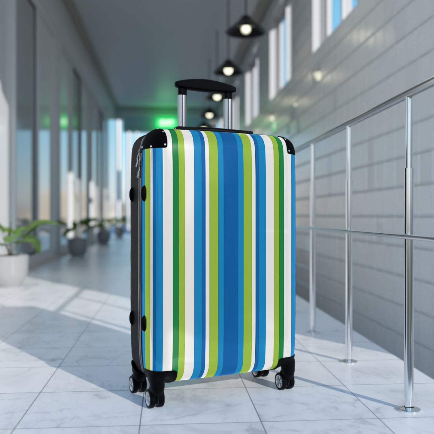 Blue Green Vertical Stripes Suitcase | Luggage Travel Accessory