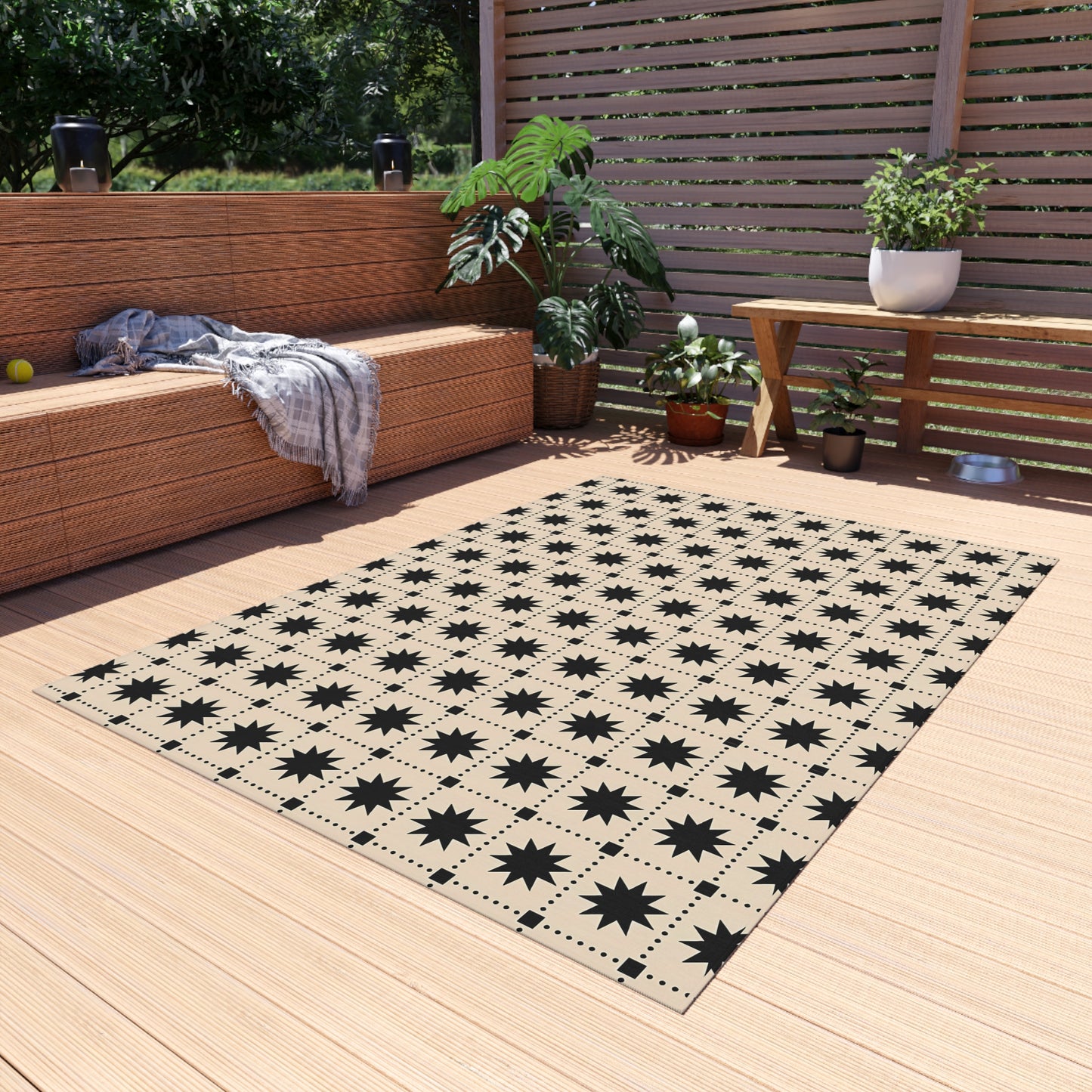 Black Star Tile Outdoor/Indoor Rug | Geometric Patio Mat, Weatherproof Accent Rug
