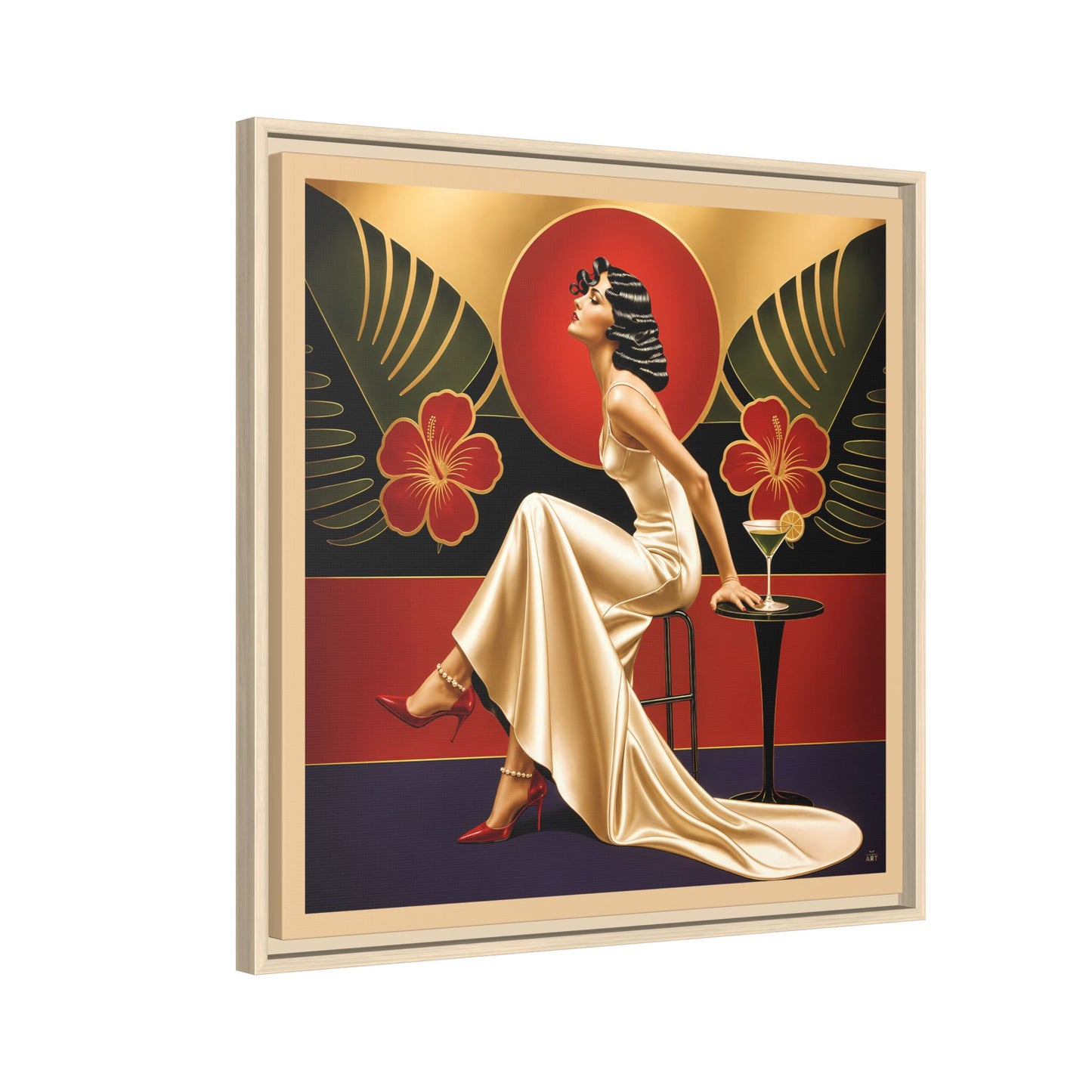 Art Deco Lady Red Green Beige Tropical Canvas Framed Wall Art | Matte Print