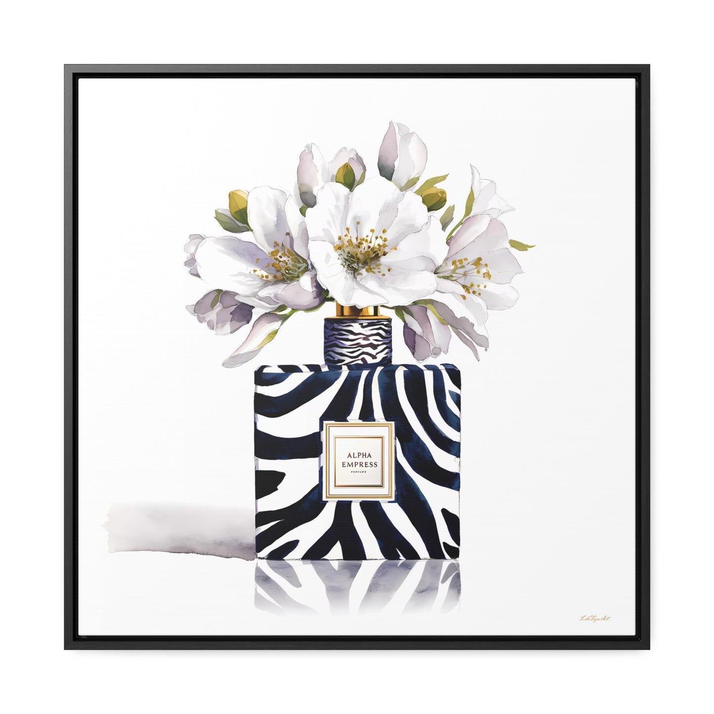 Framed Canvas Wall Art - Watercolor Zebra Perfume Bottle 'ALPHA EMPRESS' with White Flowers Print