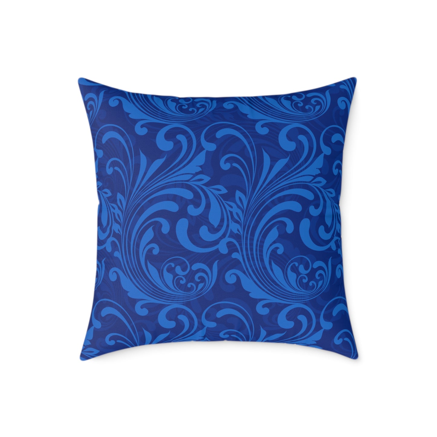 Blue Damask Scroll Pattern Square Pillow | Ornamental Floral Throw Pillow
