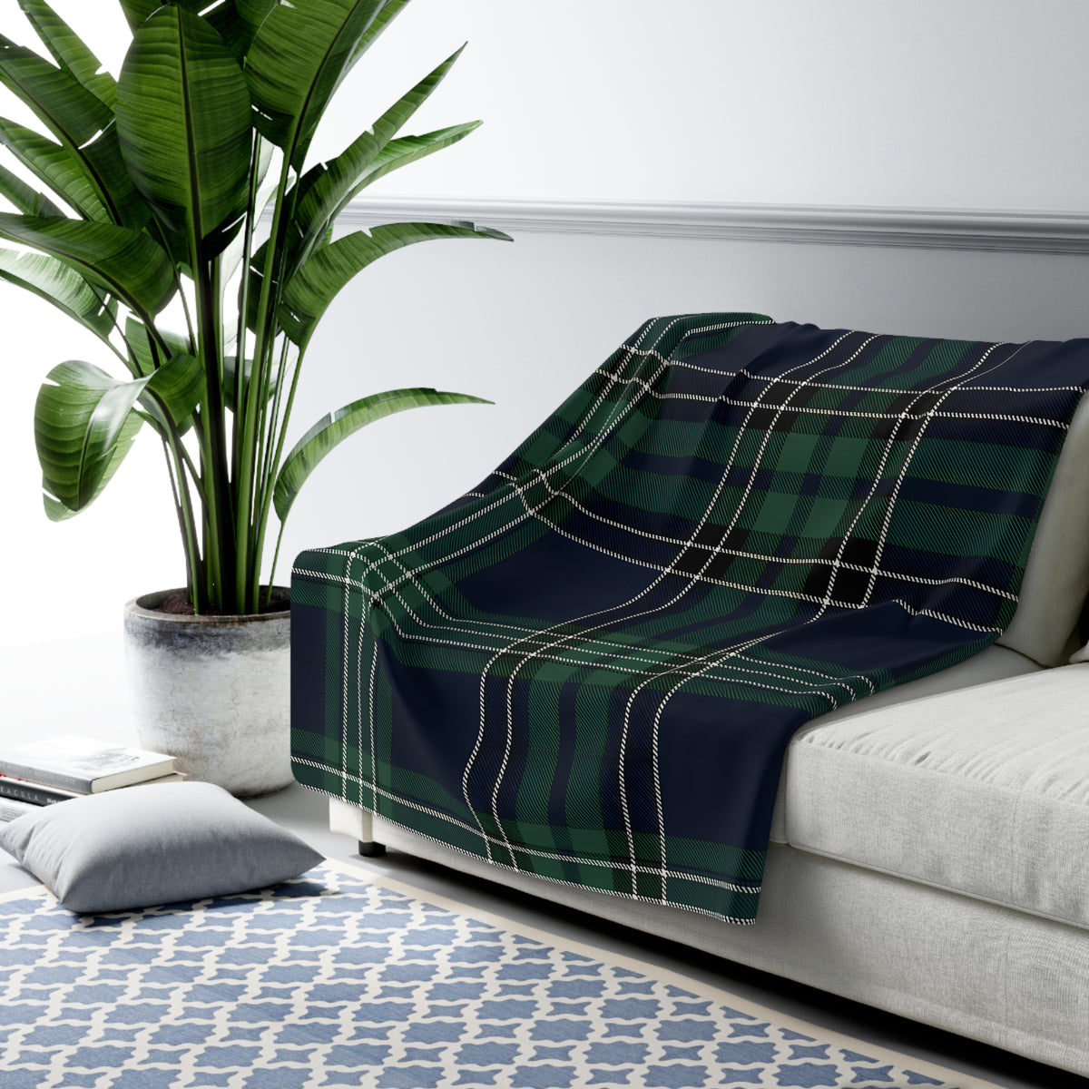 Green Navy Tartan Plaid Blanket | Sherpa Fleece Reversible