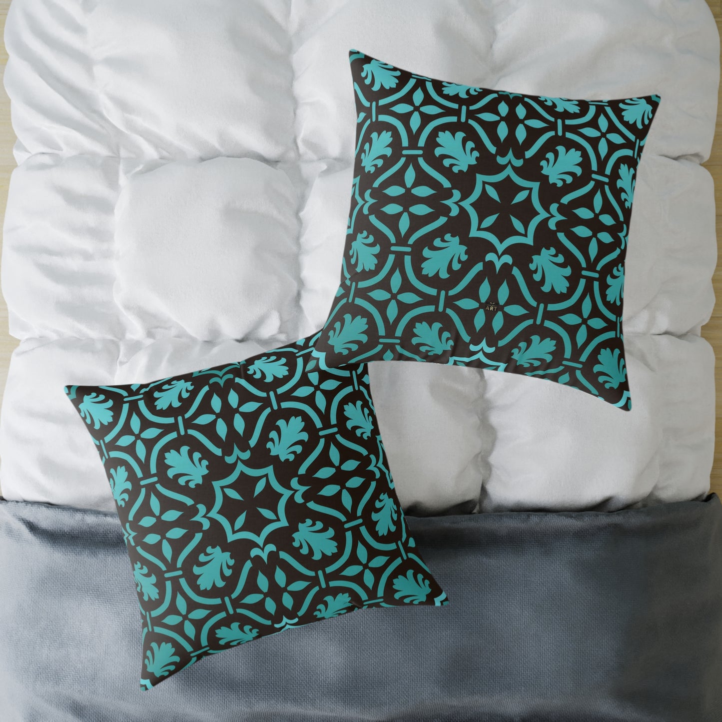 Teal Black Moroccan Tile Square Pillow | Poly Canvas Decorative Pillow