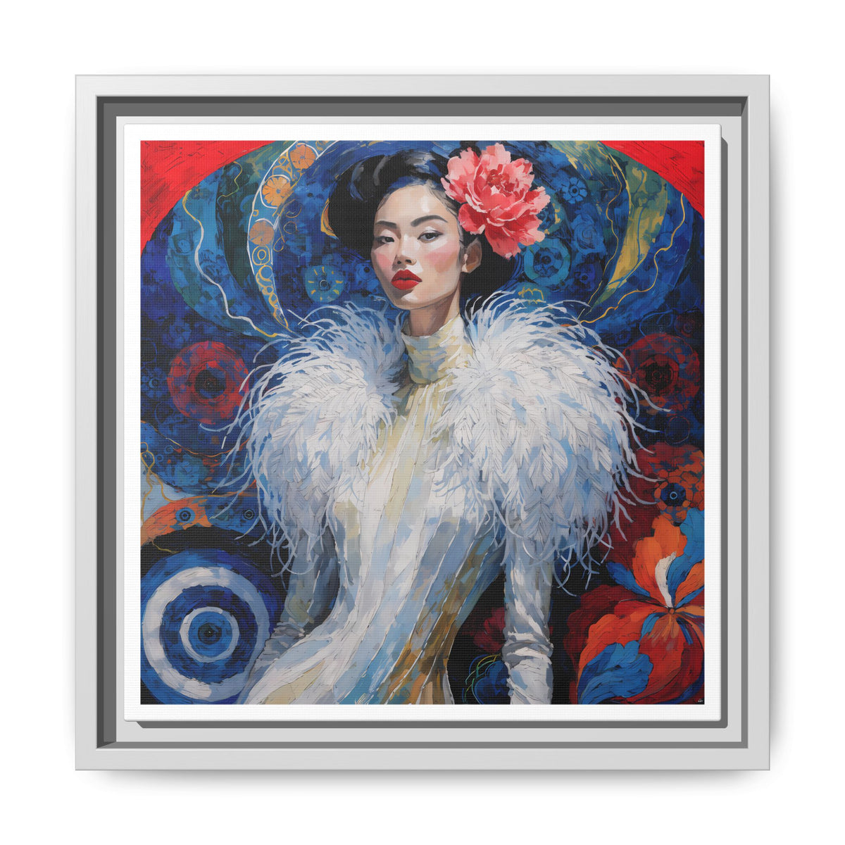 Floral Portrait  Asian Woman Matte Canvas Framed | Colorful Modern Wall Art
