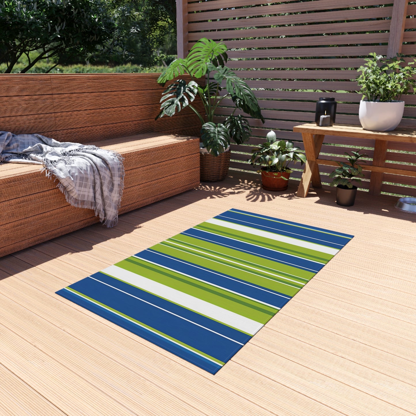 Blue Green Stripe Outdoor/Indoor Rug | Patio Mat, Weatherproof Outdoor Rug