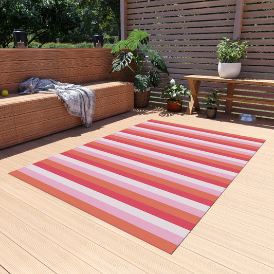 Pink Red Orange White Striped Outdoor/Indoor Rug | Patio Mat, Waterproof Deck Rug